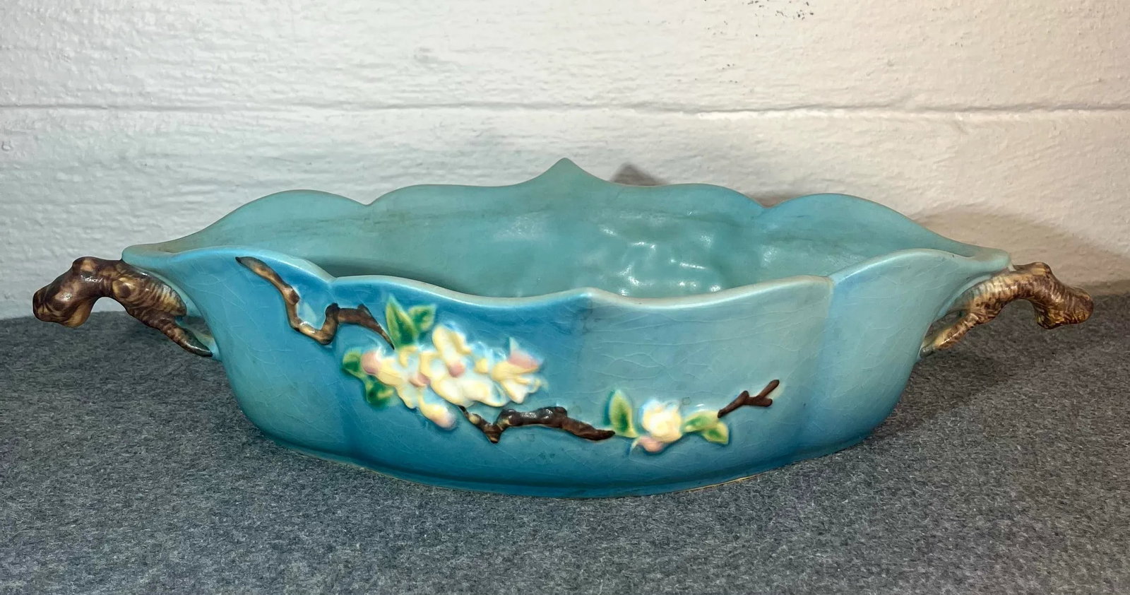 1940s Roseville Apple Blossom Blue Oval Handled Bowl - 2