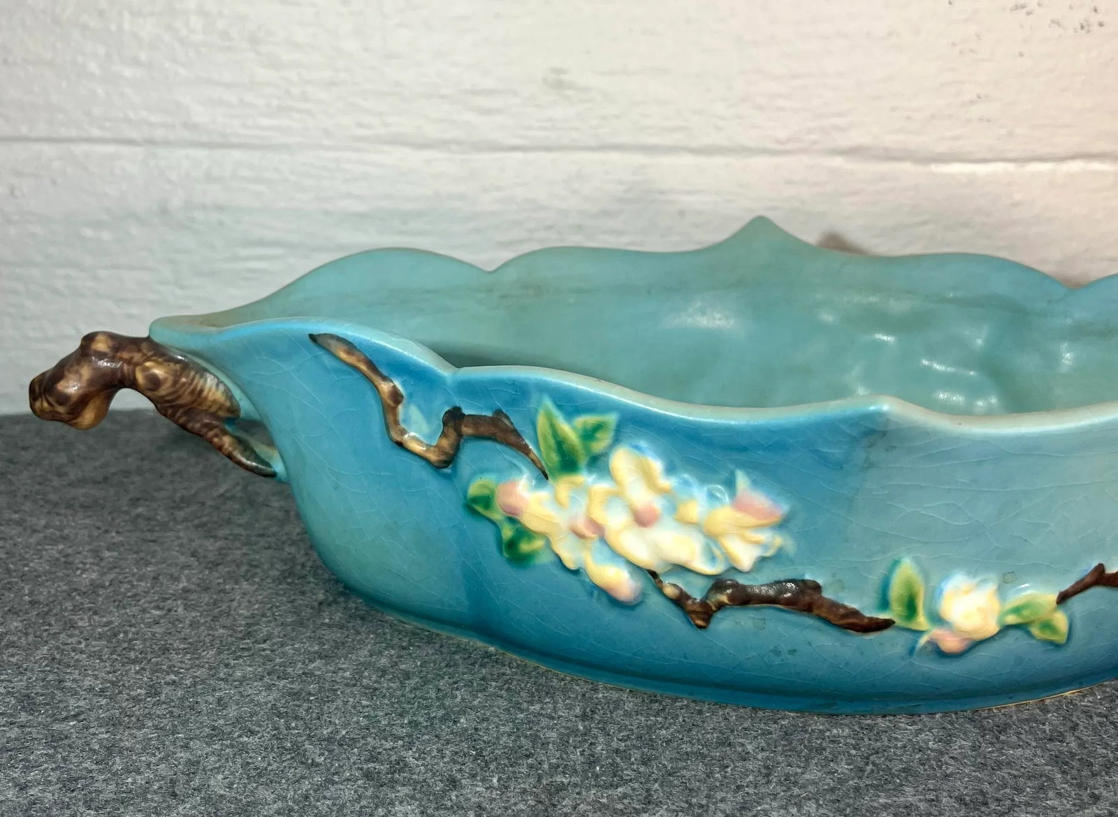 1940s Roseville Apple Blossom Blue Oval Handled Bowl - 3