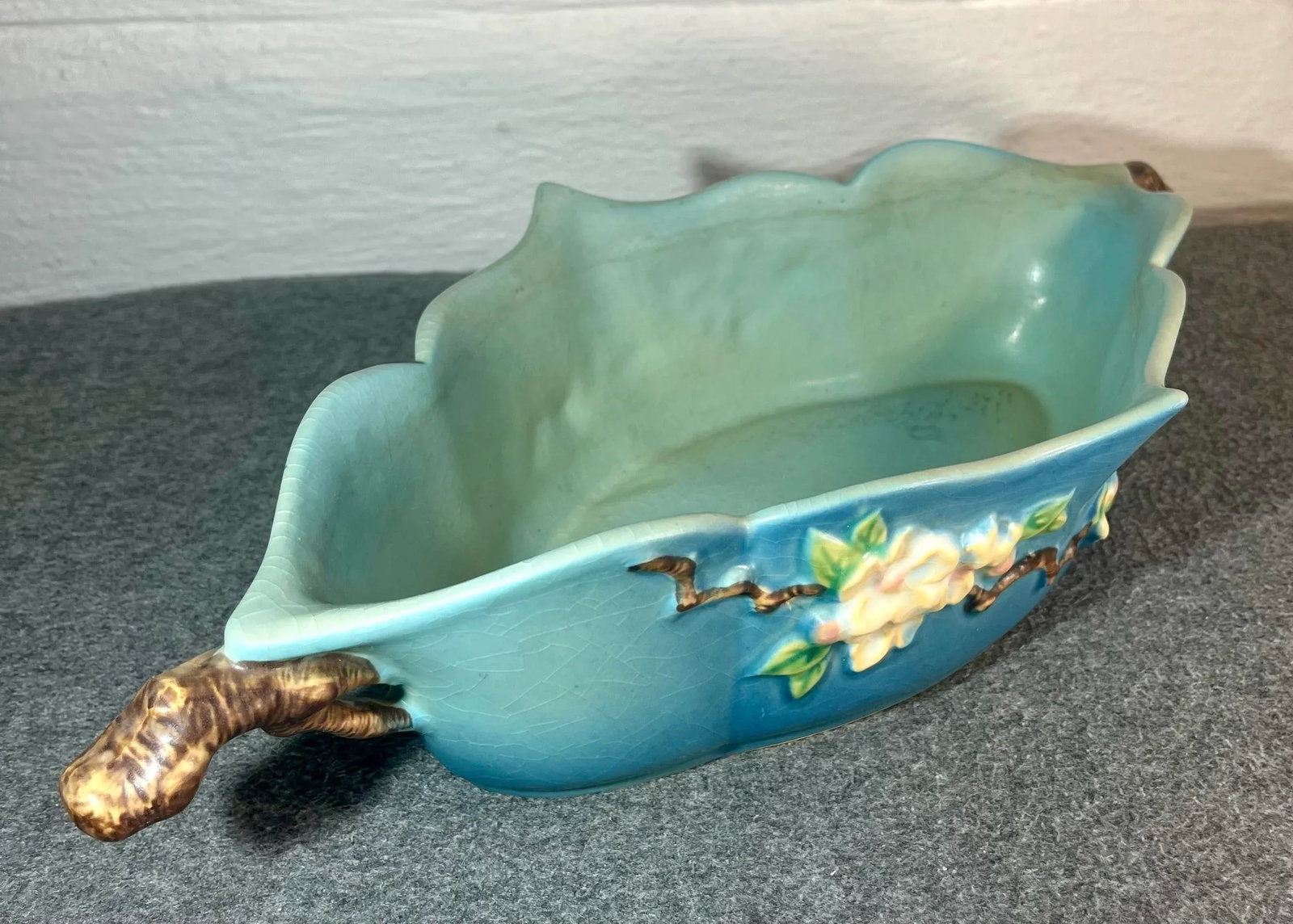 1940s Roseville Apple Blossom Blue Oval Handled Bowl - 4