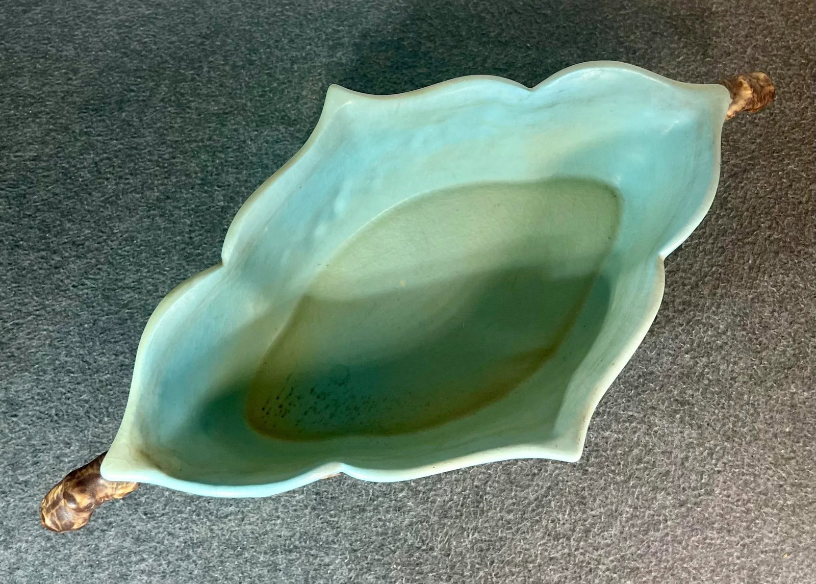 1940s Roseville Apple Blossom Blue Oval Handled Bowl - 6