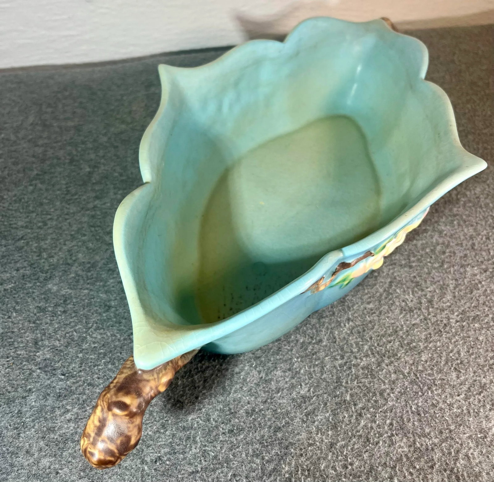 1940s Roseville Apple Blossom Blue Oval Handled Bowl - 7