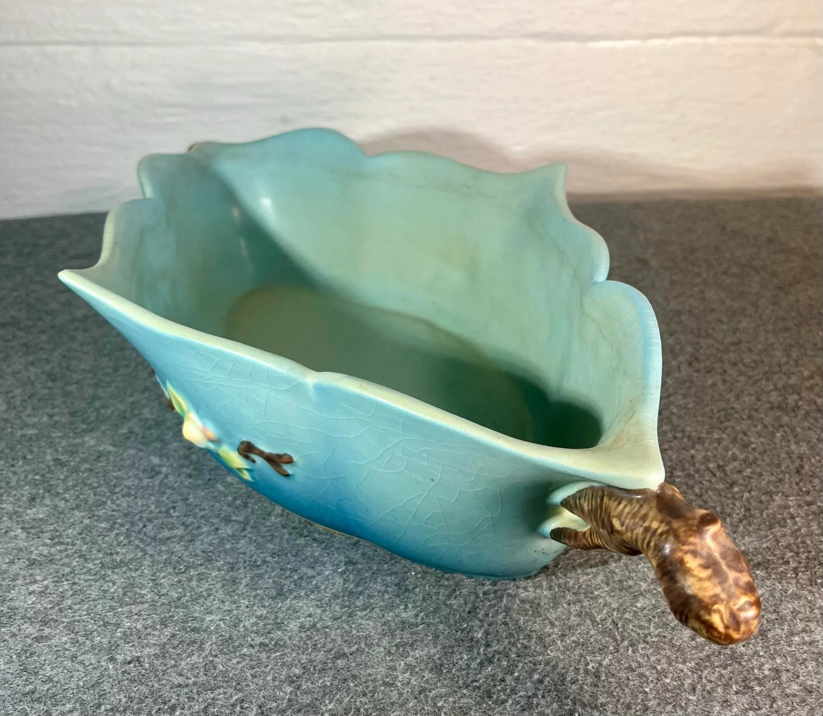 1940s Roseville Apple Blossom Blue Oval Handled Bowl - 8
