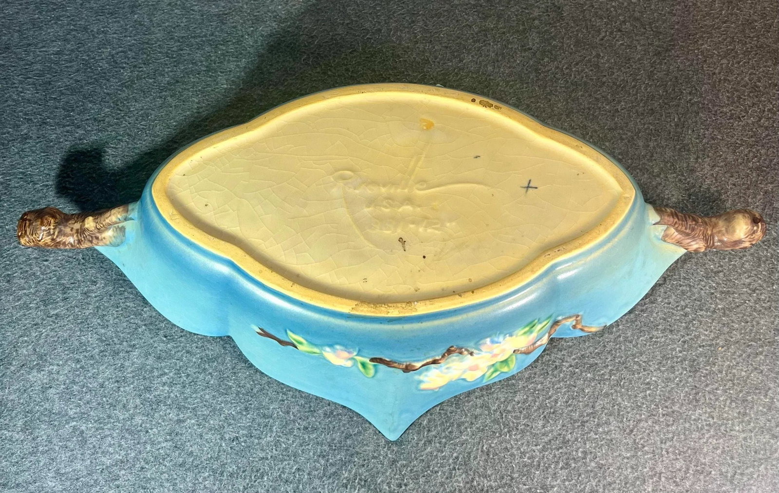 1940s Roseville Apple Blossom Blue Oval Handled Bowl - 9