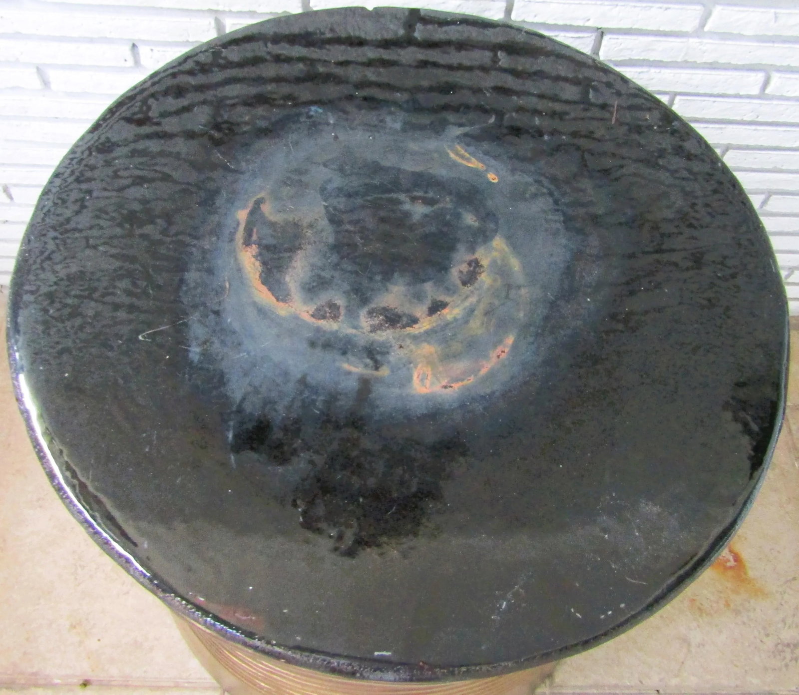 1940s Vintage Asian Bronze Rain Drum Gloss Black Terra Cotta Top Side Table - 3