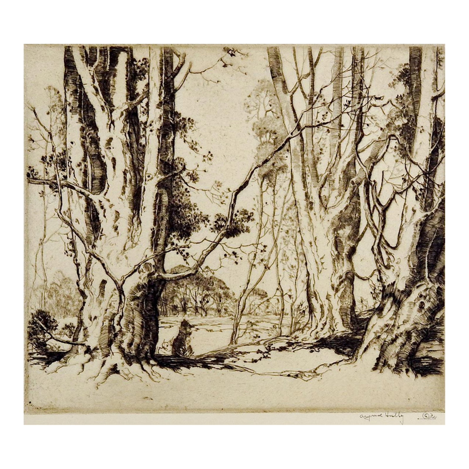 Early 20th Century Alfred Hutty Beverly Beeches Etching: Circa 1920's etching on paper of Beverly Beeches, England by Alfred Hutty (1877-1954) American. Signed and titled in pencil lower margin, with pencil remarque drawing of a tiny snail, edition of 75.