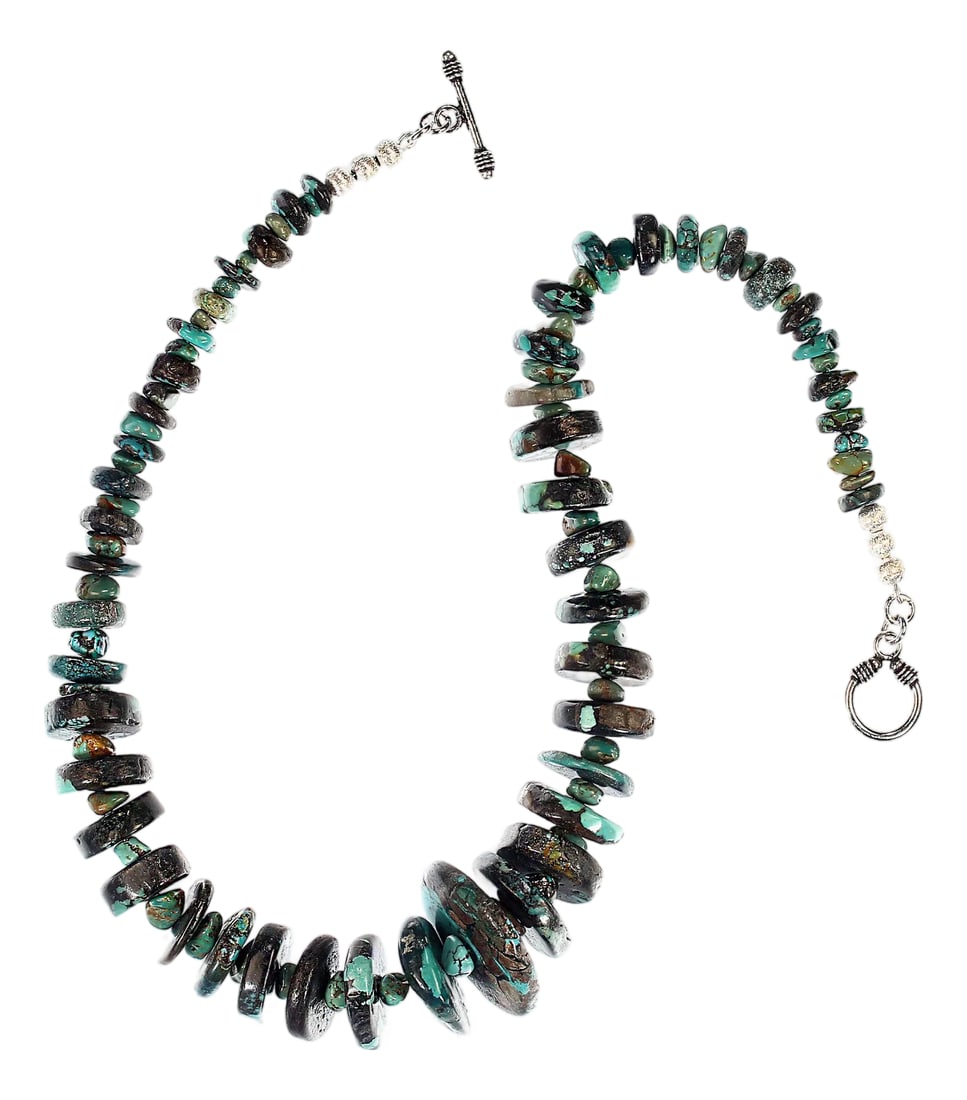 Ajd 18 Inch Turquoise and Black Matrix Necklace: Bold 18-Inch Blue and Green Turquoise Necklace with Black Matrix – A Stunning Statement Piece Enhance your style with this eye-catching 18-inch turquoise necklace featuring alternating