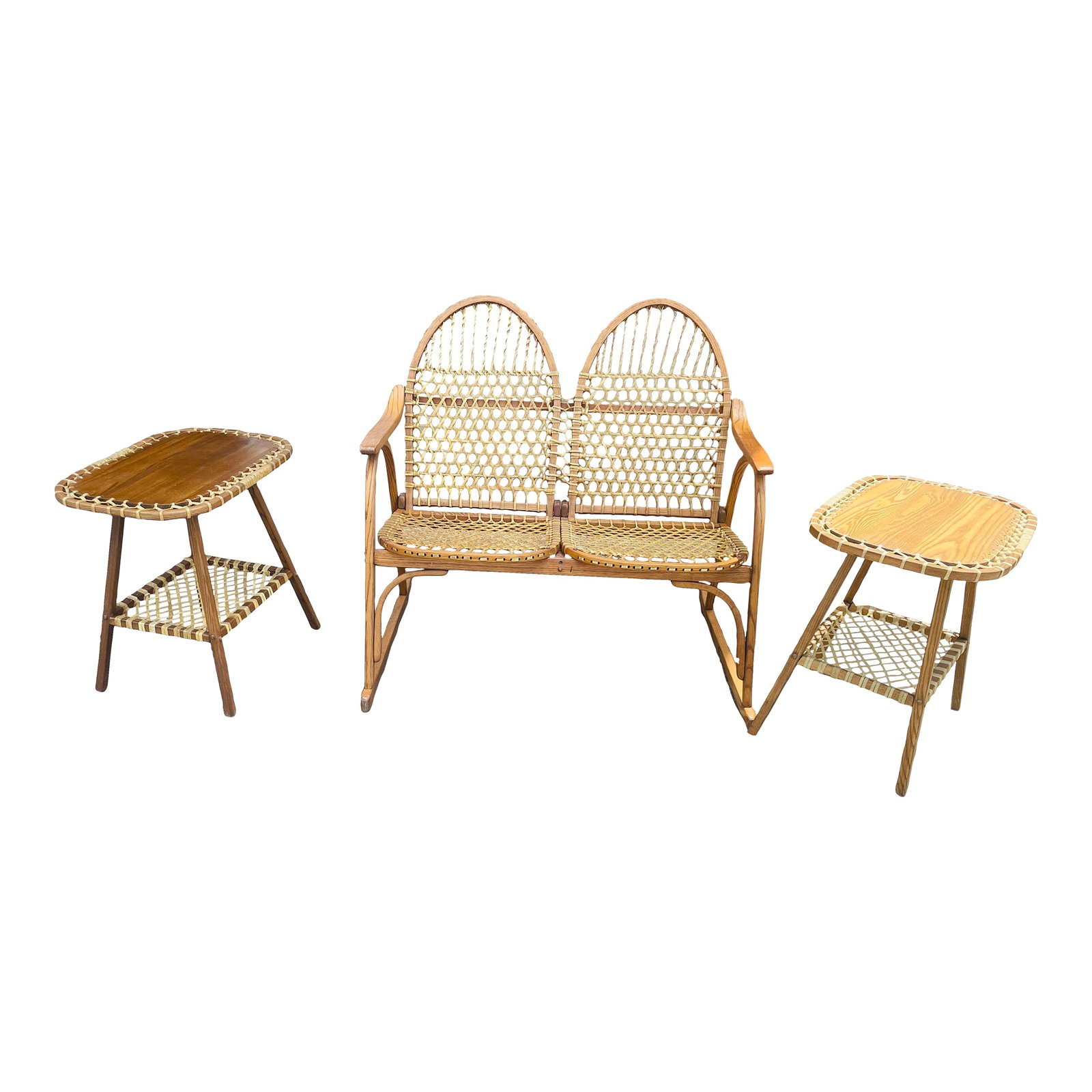 Mid 20th Century Vermont Tubbs Snowshoe Caned Double Rocker Bench Settee & Side Tables, 3 Pieces: This is an attractive coordinated set of faux snowshoe furniture made by Vermont Tubbs Furniture Co. which made this type of furniture in Forestdale, Vermont until the early part of the 21st century.