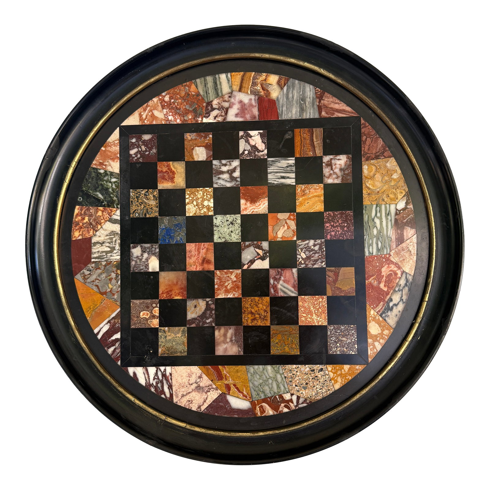 Italian Grand Tour Specimen Marble Circular Chessboard Plaque Pietra Dura 19th C: A finely crafted circular pietra dura plaque, likely originating from Italy during the mid-to-late 19th century, this specimen marble and hardstone inlaid chessboard combines decorative virtuosity