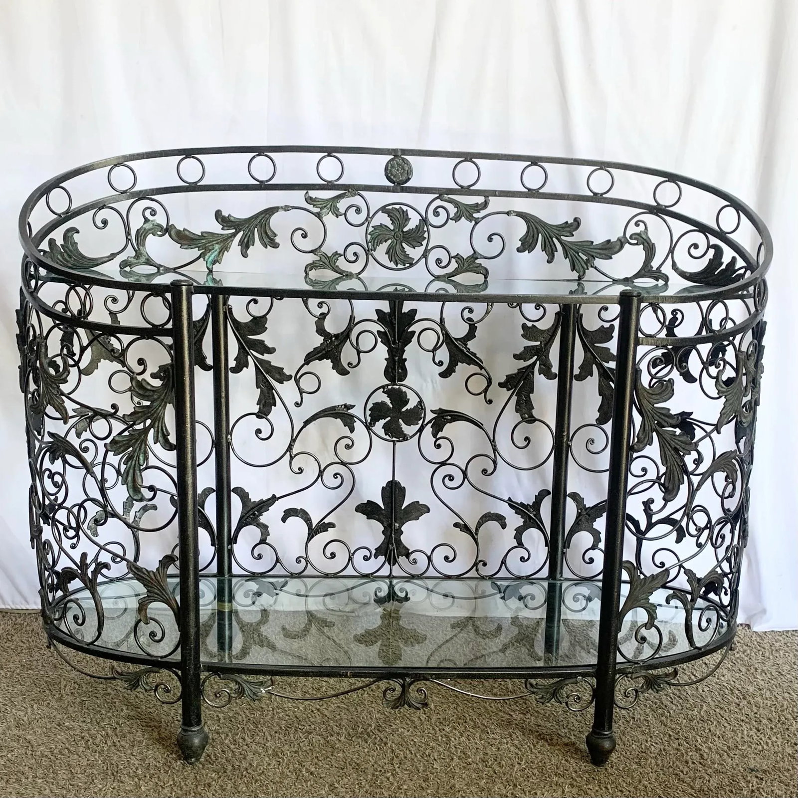 Vintage Wrought Iron Oval Two Tier Glass Top Console Table by Maitland Smith - 3