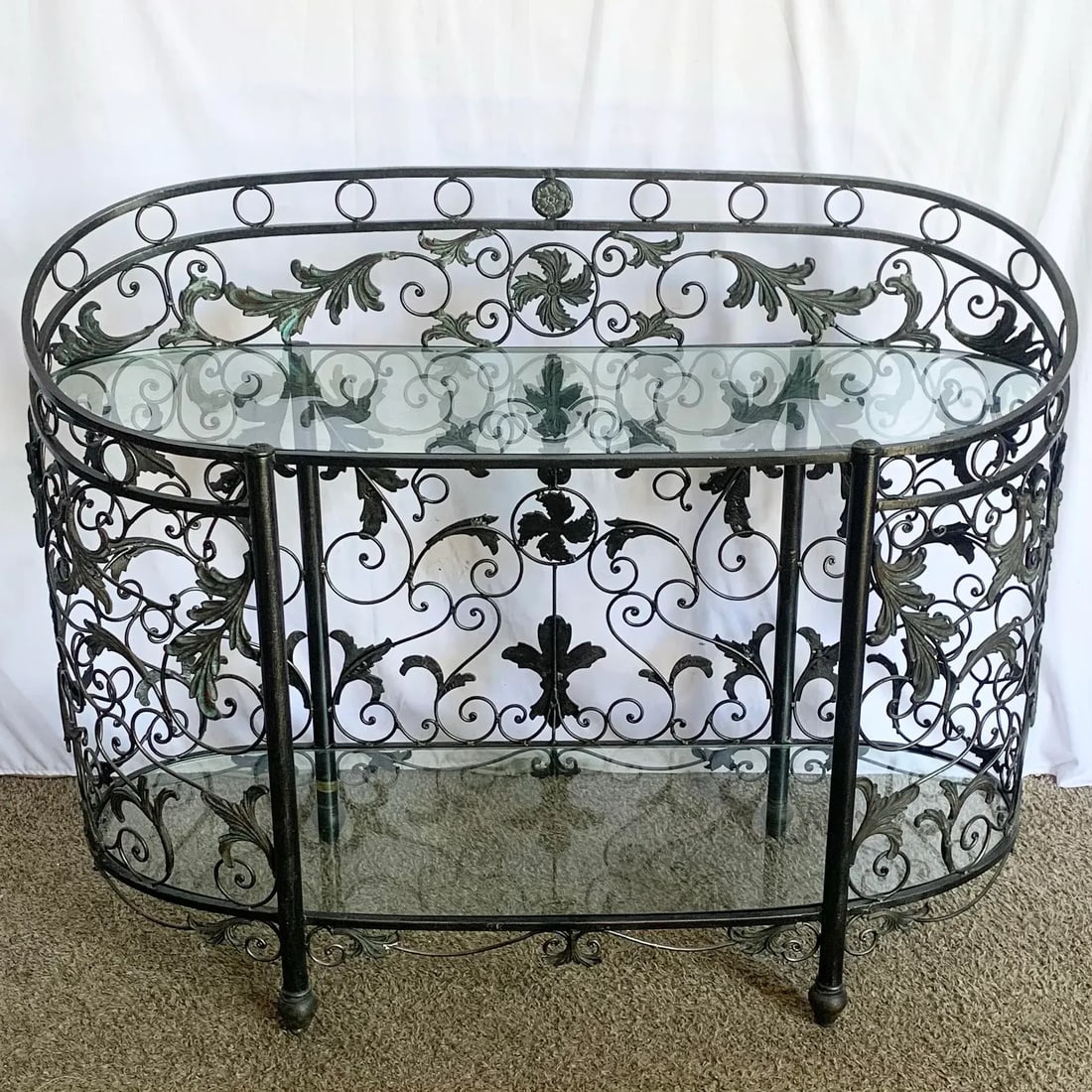 Vintage Wrought Iron Oval Two Tier Glass Top Console Table by Maitland Smith - 4