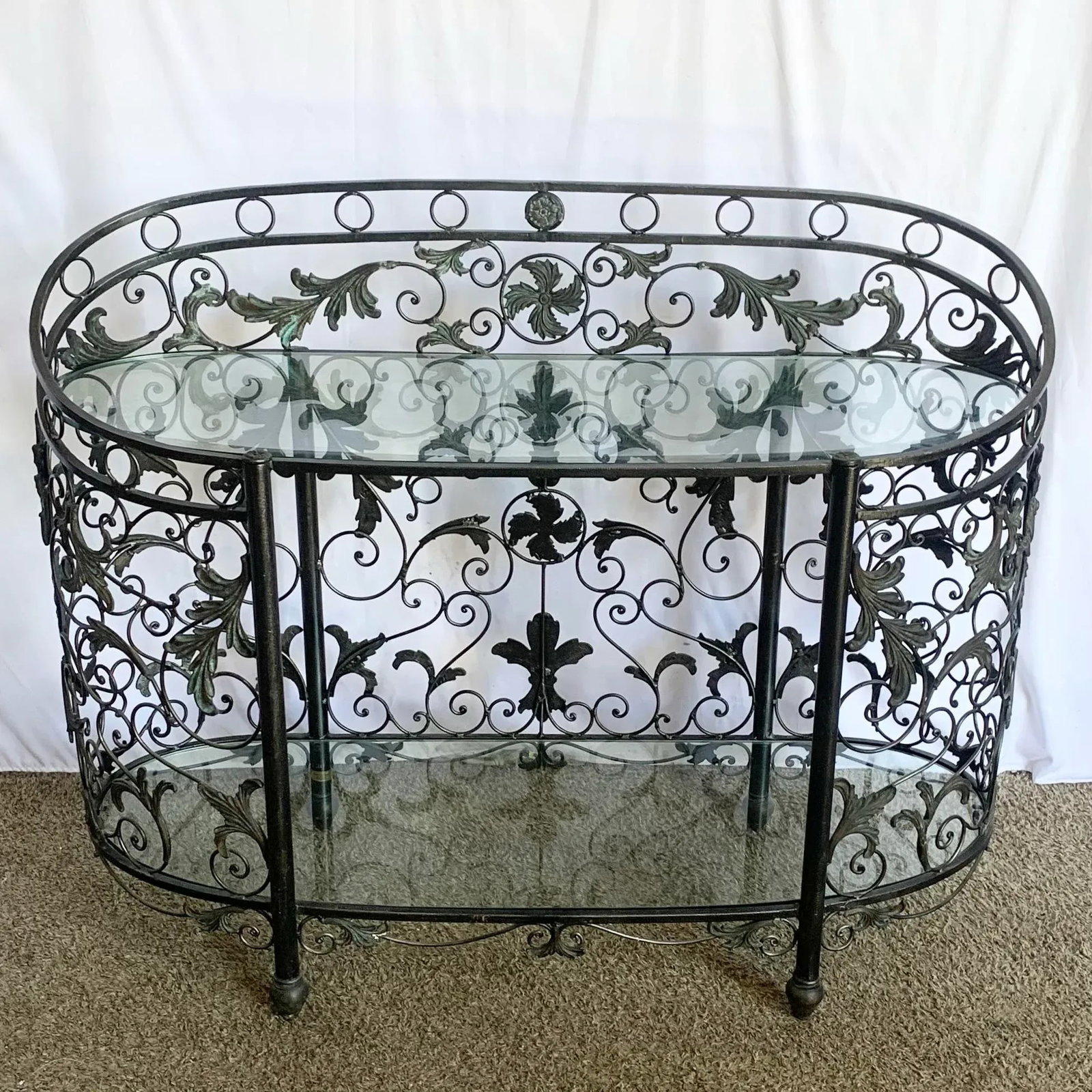 Vintage Wrought Iron Oval Two Tier Glass Top Console Table by Maitland Smith - 7