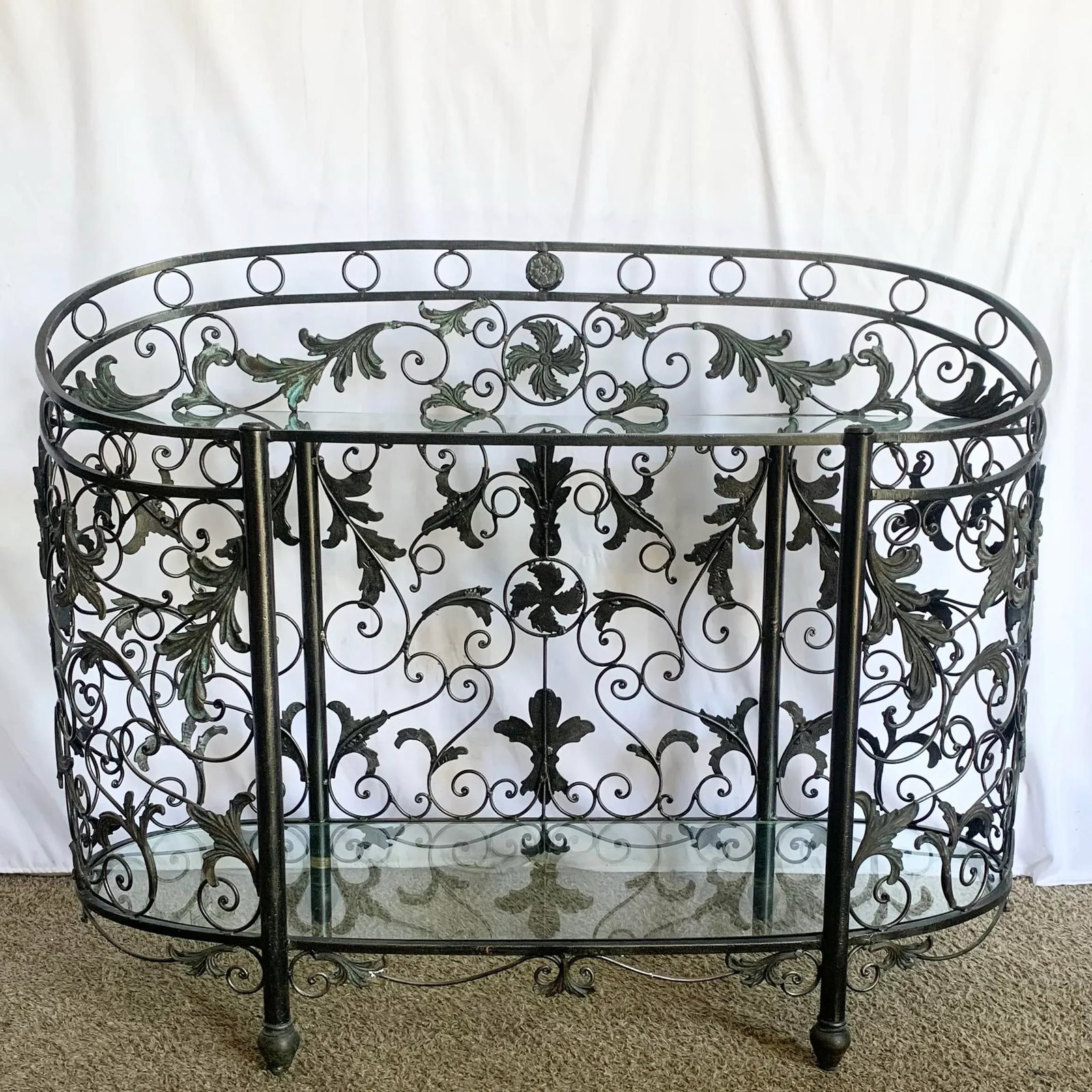 Vintage Wrought Iron Oval Two Tier Glass Top Console Table by Maitland Smith - 8