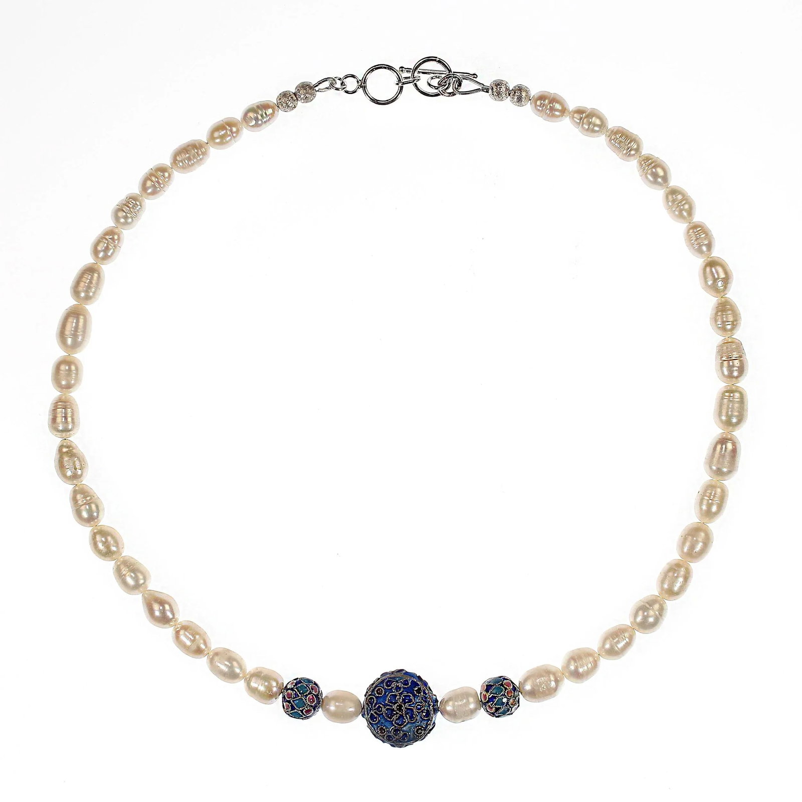 Ajd 19 Inch White Potato Pearl Necklace With Cloisonne Accents - 2