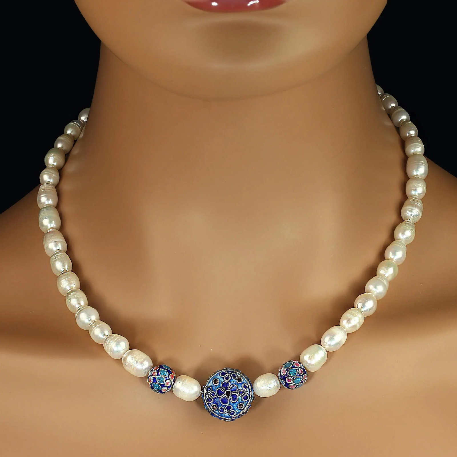 Ajd 19 Inch White Potato Pearl Necklace With Cloisonne Accents - 3