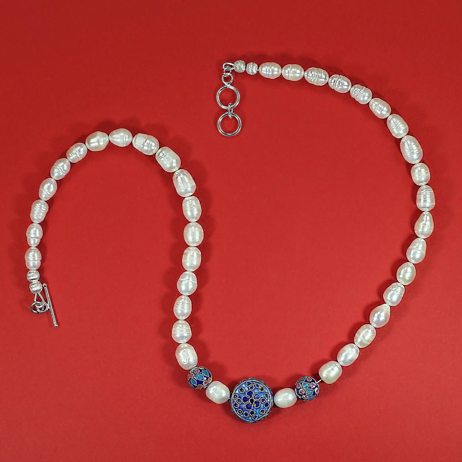 Ajd 19 Inch White Potato Pearl Necklace With Cloisonne Accents - 5