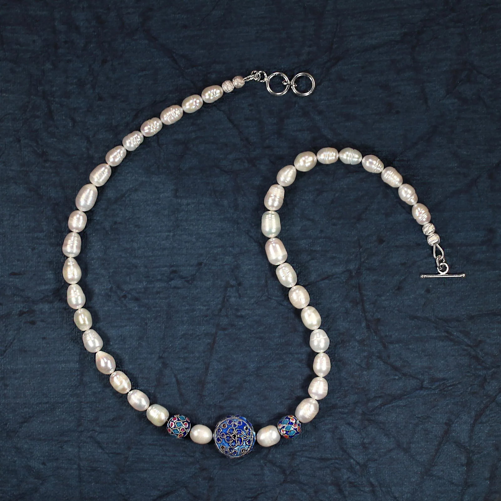 Ajd 19 Inch White Potato Pearl Necklace With Cloisonne Accents - 7