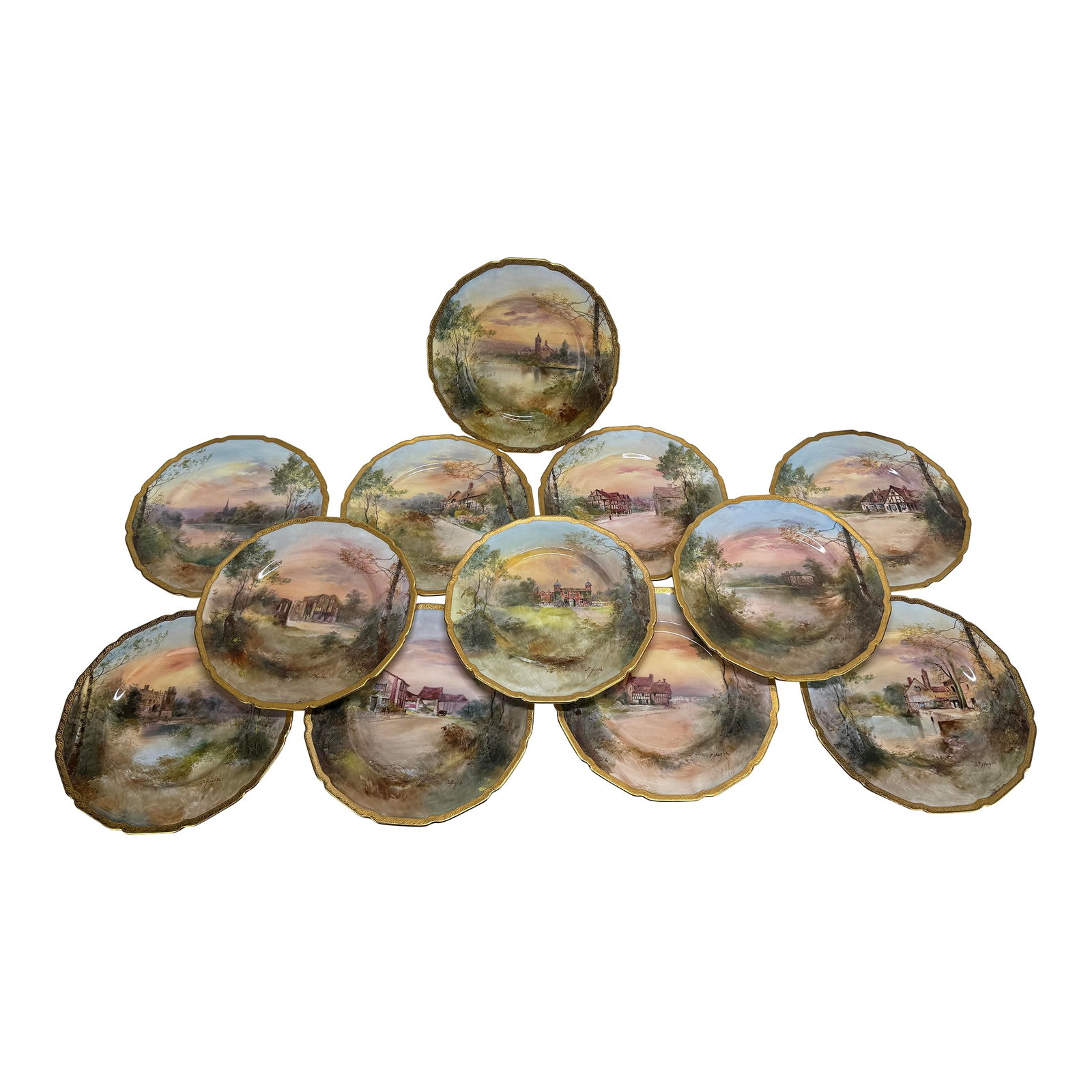 12 Royal Doulton "Shakespeare's Country" Cabinet Plates by J. Hughs C. 1902-22: Set of Twelve Royal Doulton "Shakespeare's Country" Artist-Signed Scenic Plates by J. Hughs, for Ovington Bros., New York, Circa 1902–1922 A rare and complete set of twelve hand-painted cabinet