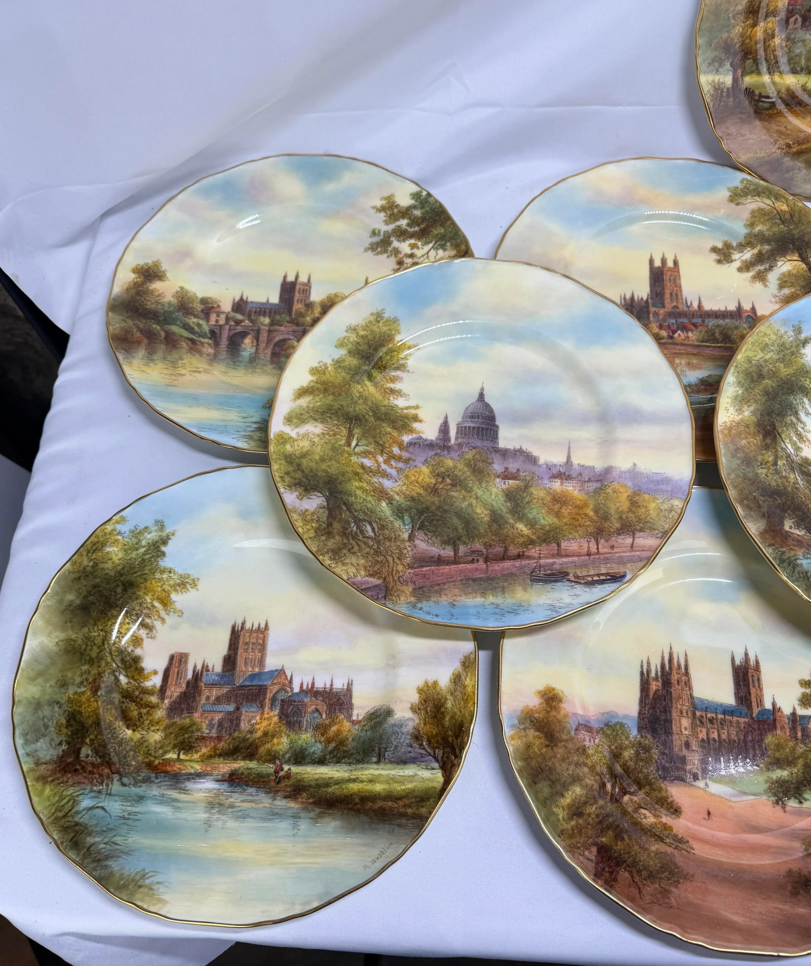 12 Royal Worcester Hand-Painted Porcelain "Cathedral" Cabinet Plates Circa 1941 - 2