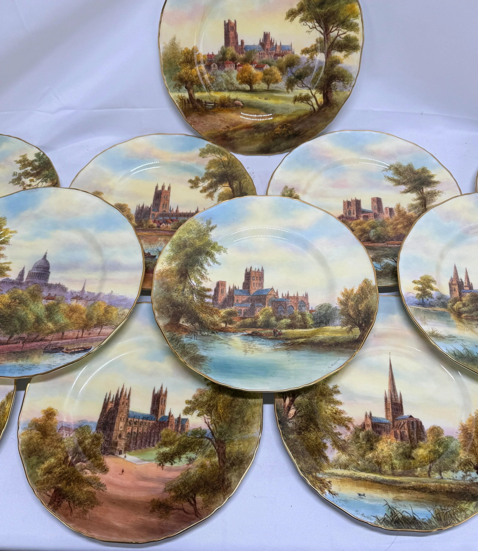 12 Royal Worcester Hand-Painted Porcelain "Cathedral" Cabinet Plates Circa 1941 - 3