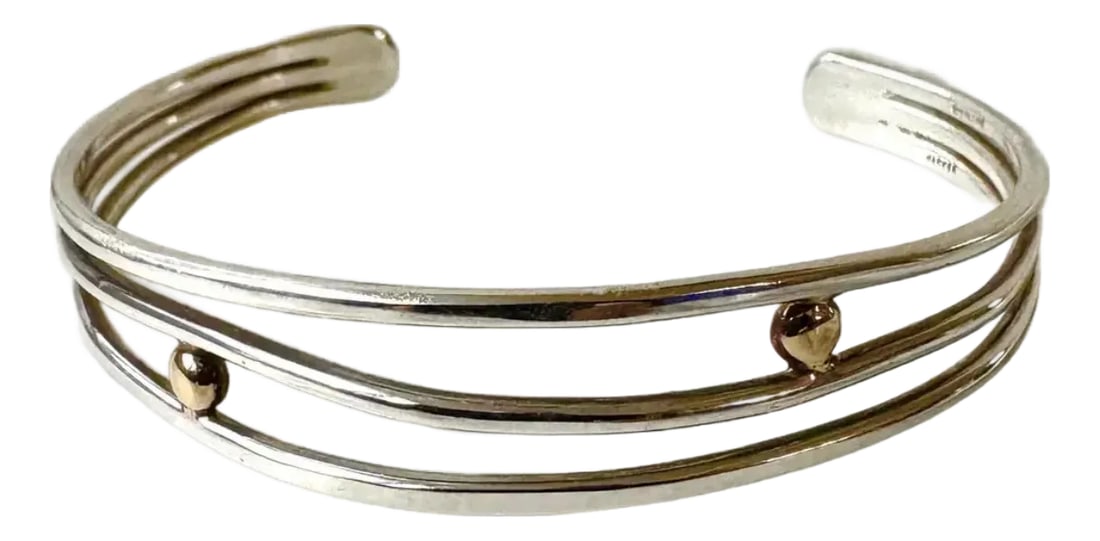 Vintage Sterling Silver and 14 Karat Gold Wire Cuff Bracelet - Stamped: Lovely sterling silver and 14 karat gold wire cuff bracelet. Beautiful detail and quality. Condition: Alterations: Original Condition Unaltered Imperfections: Some Imperfections Condition Notes: Good
