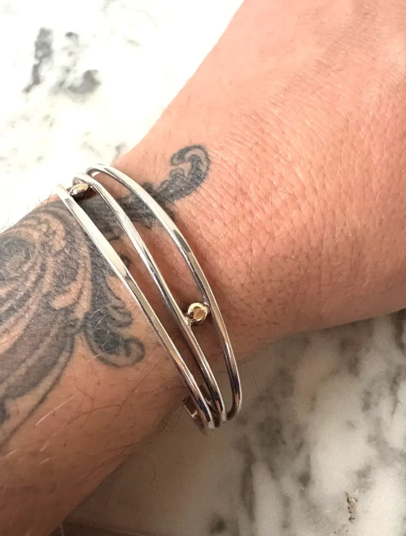 Vintage Sterling Silver and 14 Karat Gold Wire Cuff Bracelet - Stamped - 2