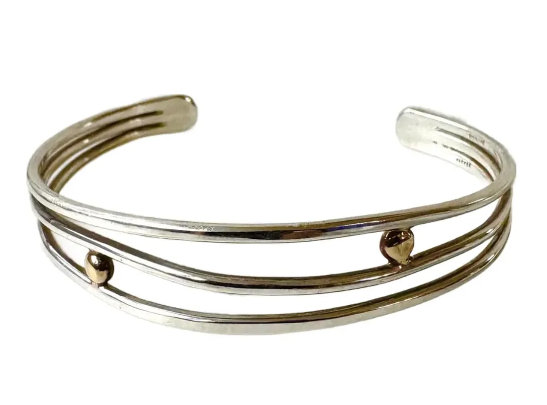 Vintage Sterling Silver and 14 Karat Gold Wire Cuff Bracelet - Stamped - 6