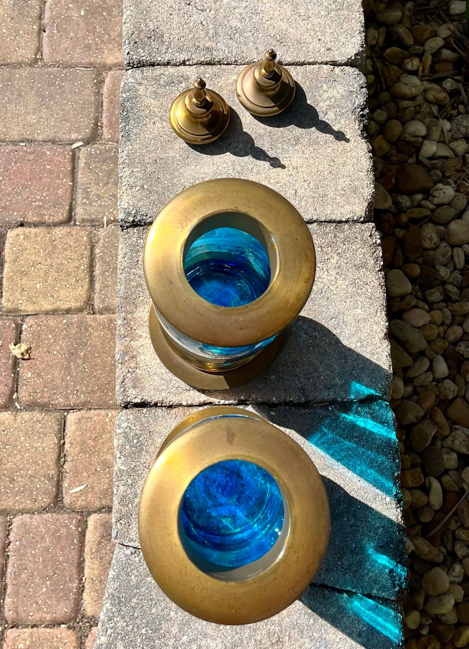 Pair of Covered Brass & Blue Art Glass Urns - 10