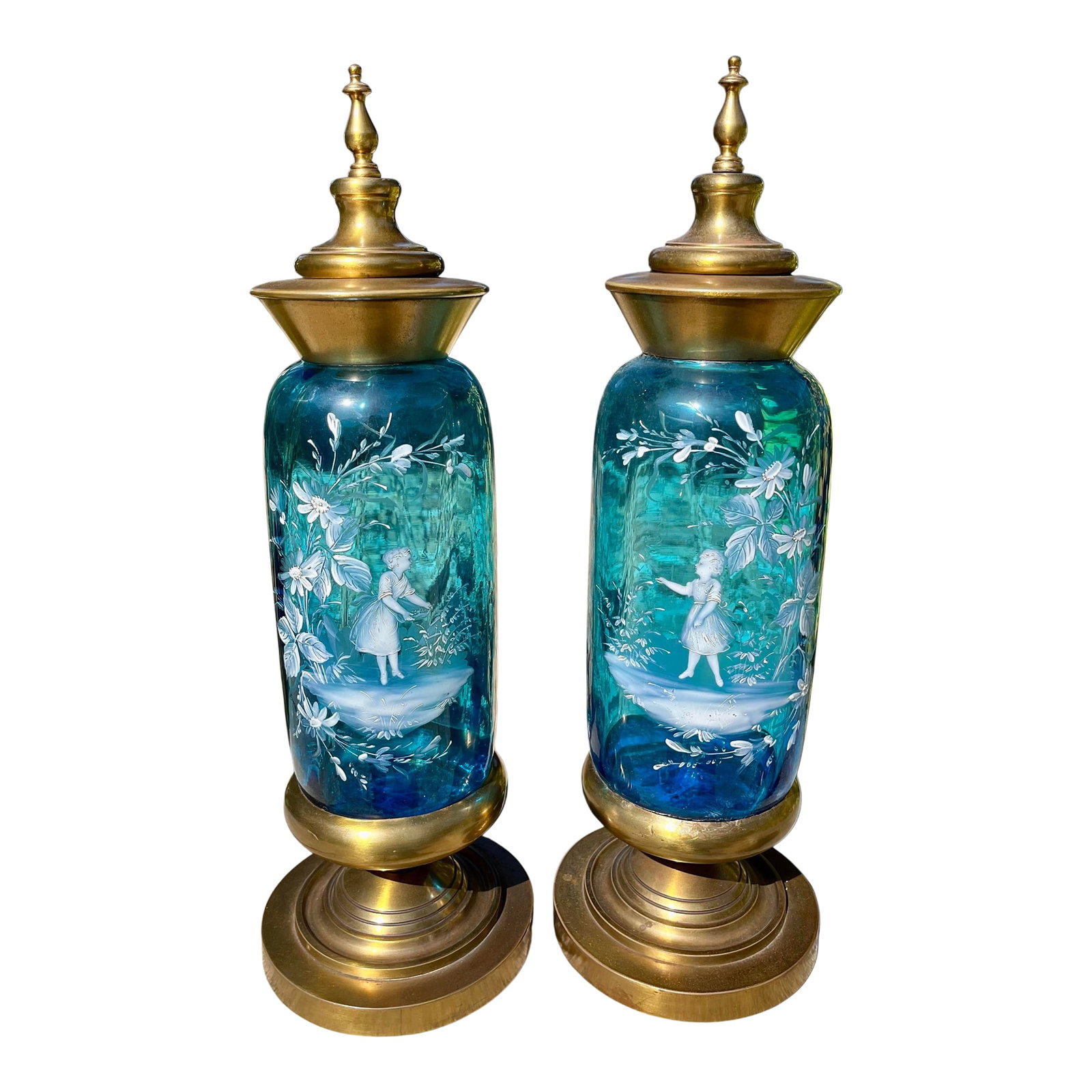 Pair of Covered Brass & Blue Art Glass Urns (1 of 12)