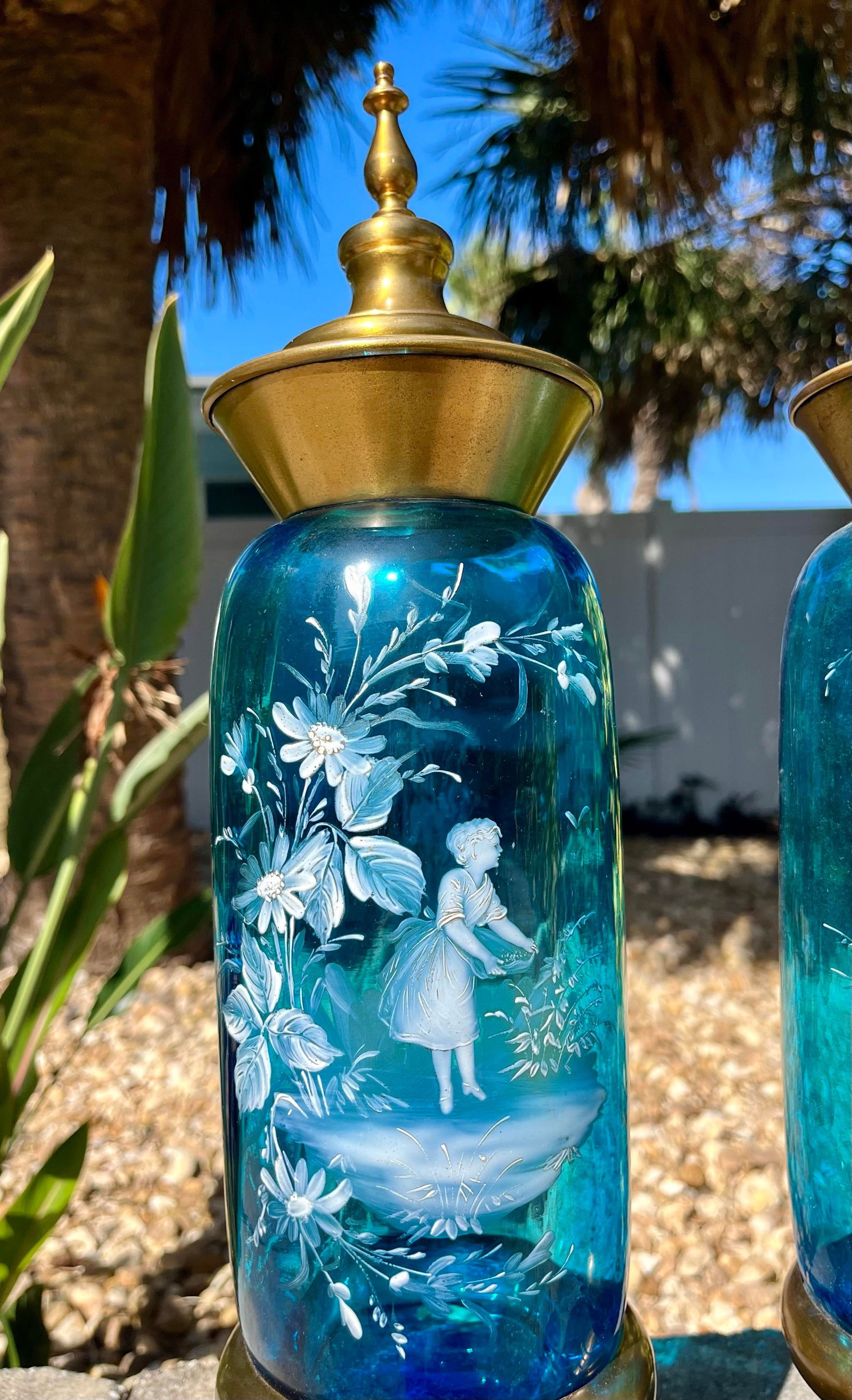Pair of Covered Brass & Blue Art Glass Urns - 2