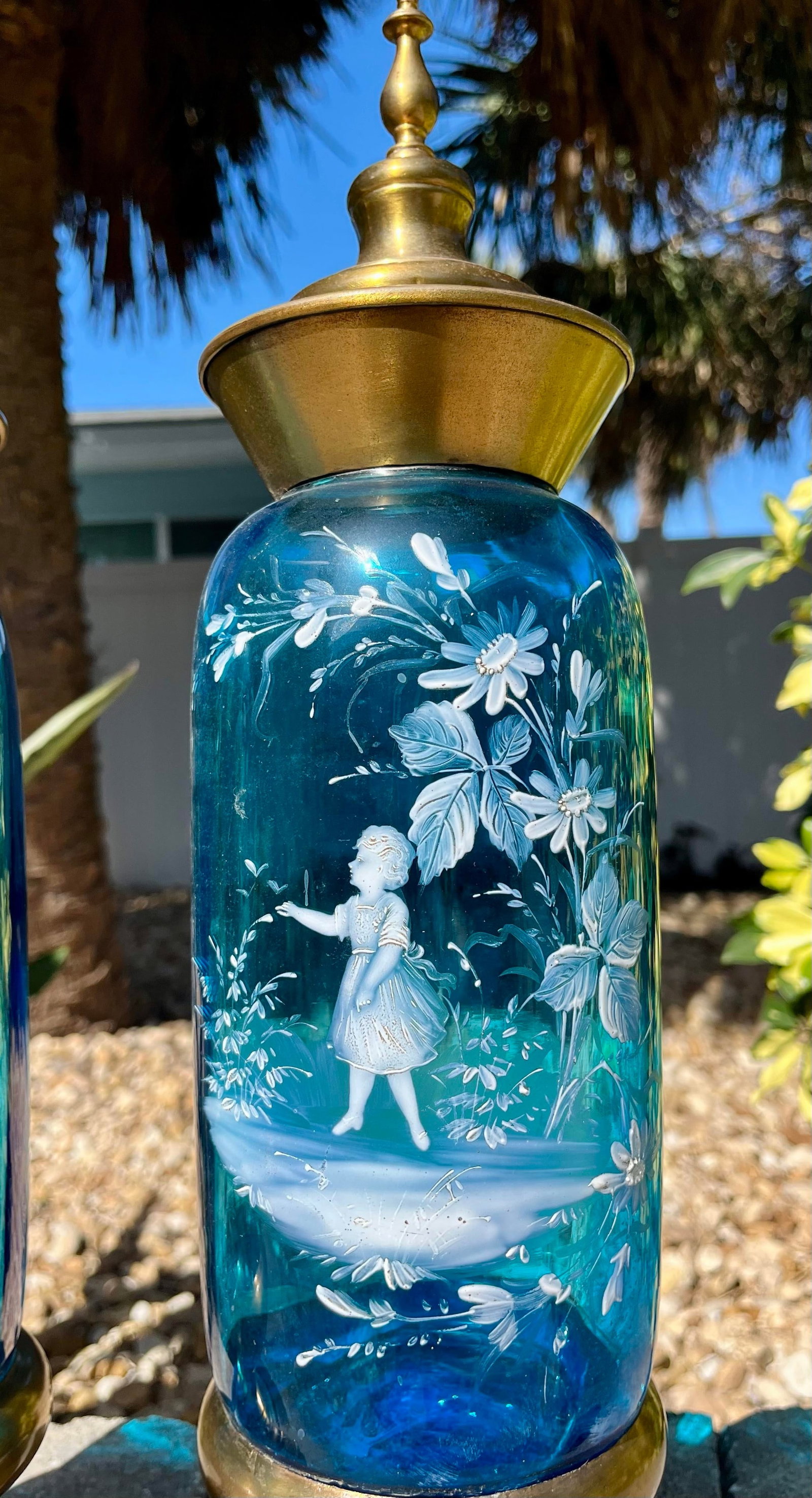 Pair of Covered Brass & Blue Art Glass Urns - 3