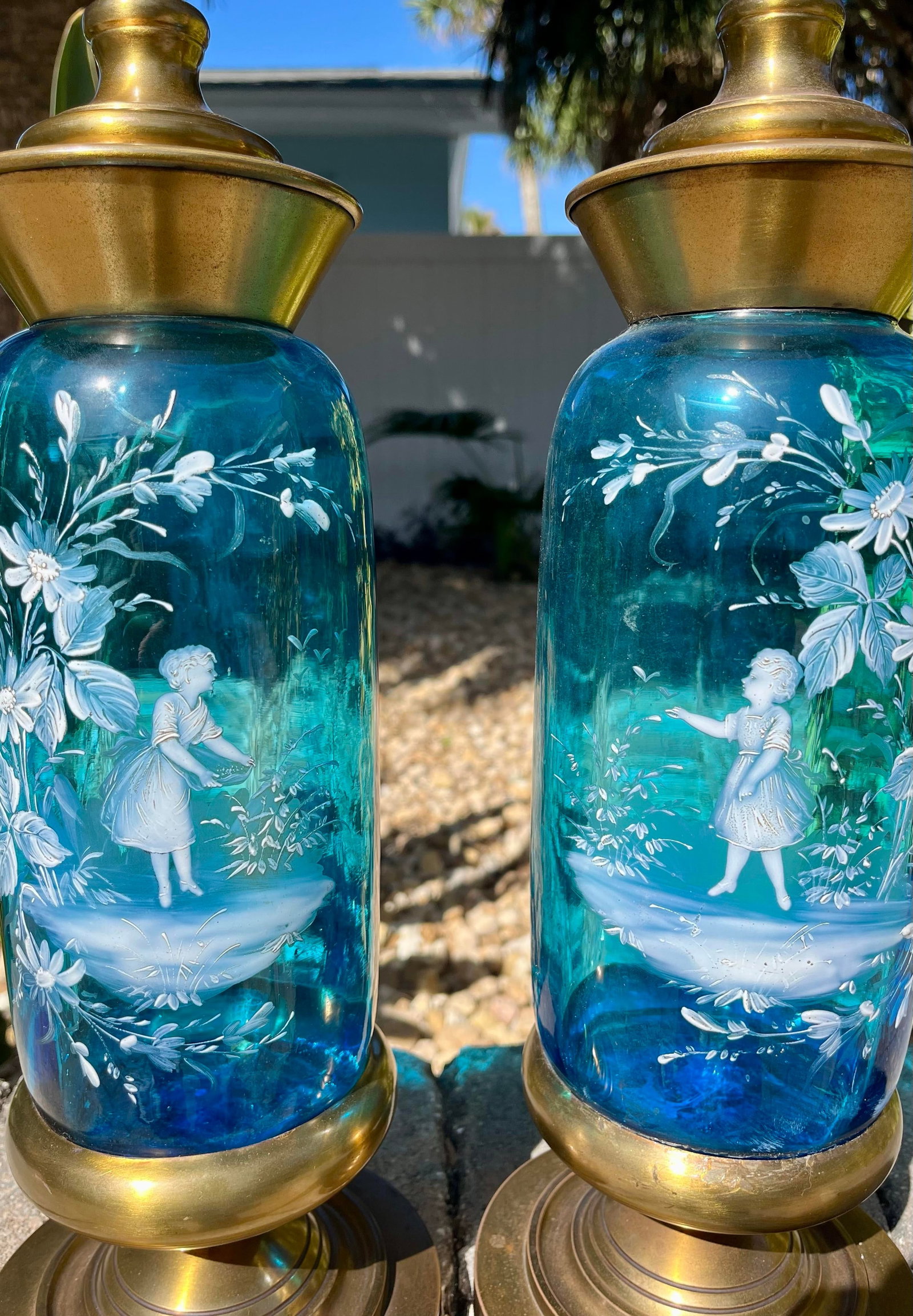 Pair of Covered Brass & Blue Art Glass Urns - 4