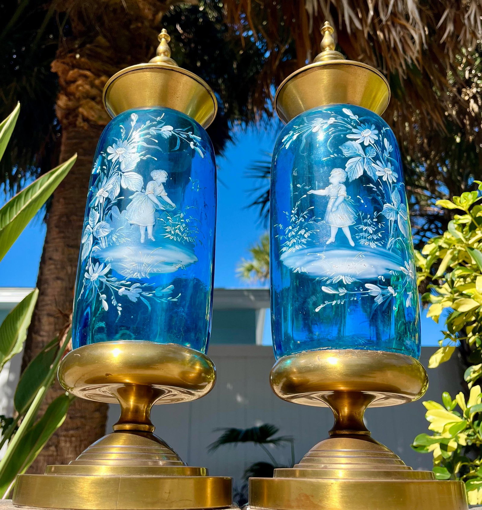 Pair of Covered Brass & Blue Art Glass Urns - 5