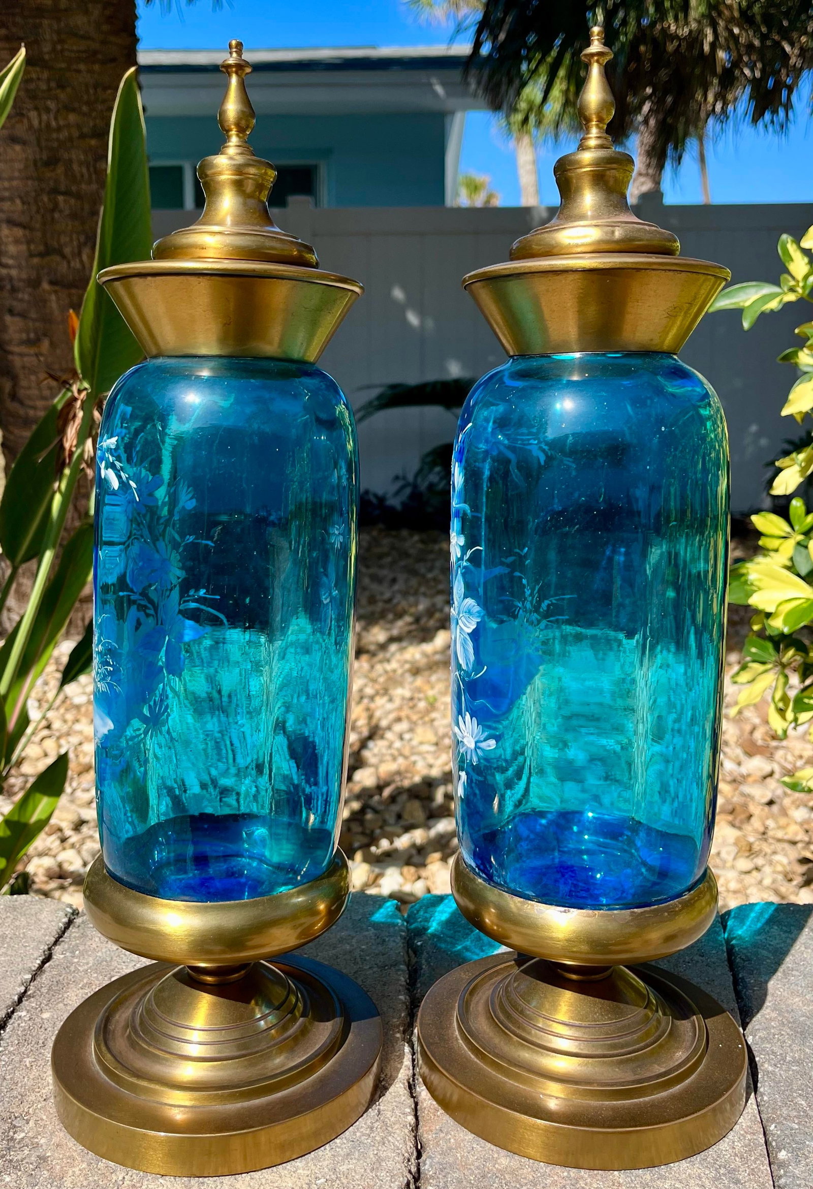 Pair of Covered Brass & Blue Art Glass Urns - 6