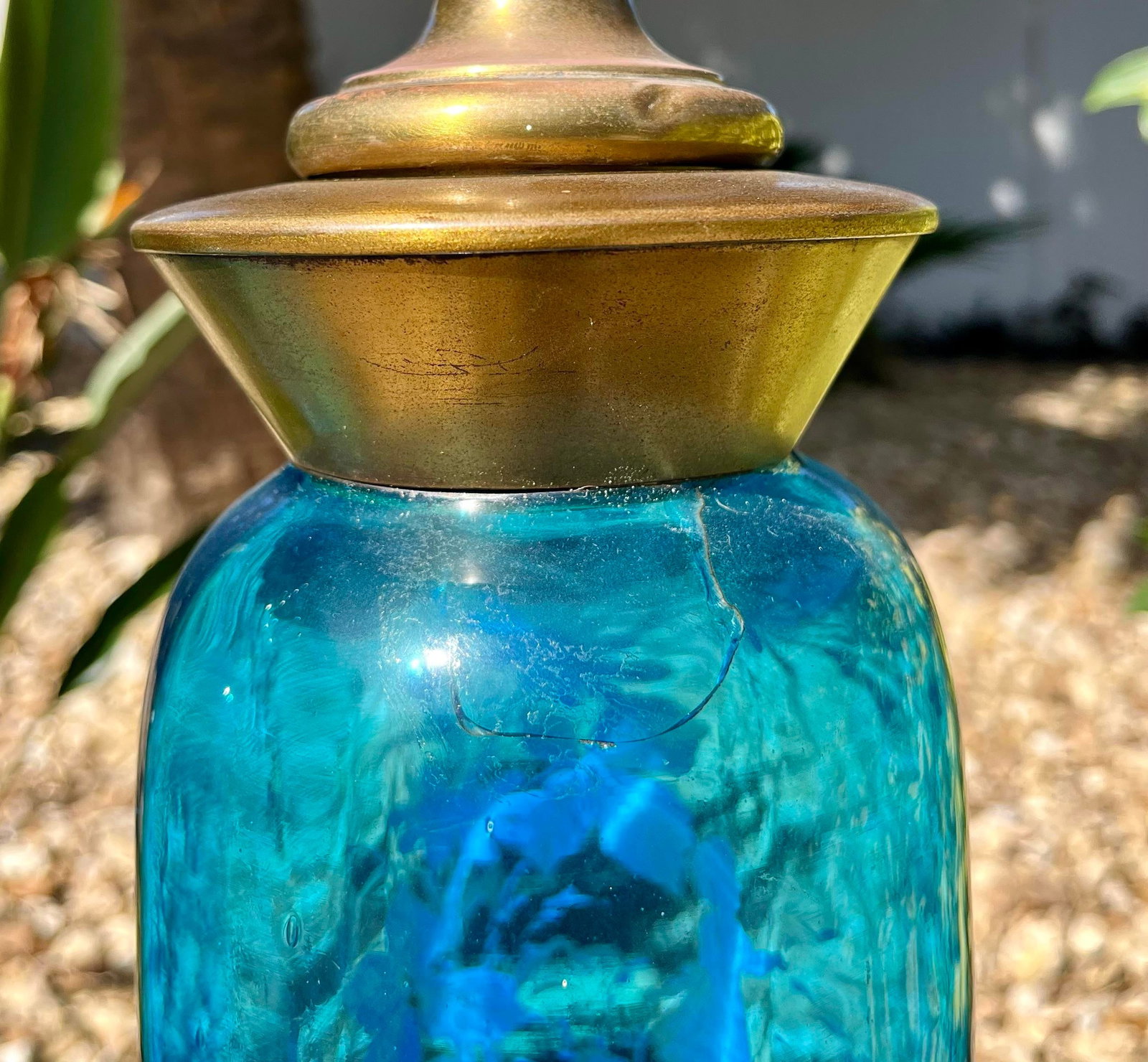 Pair of Covered Brass & Blue Art Glass Urns - 7