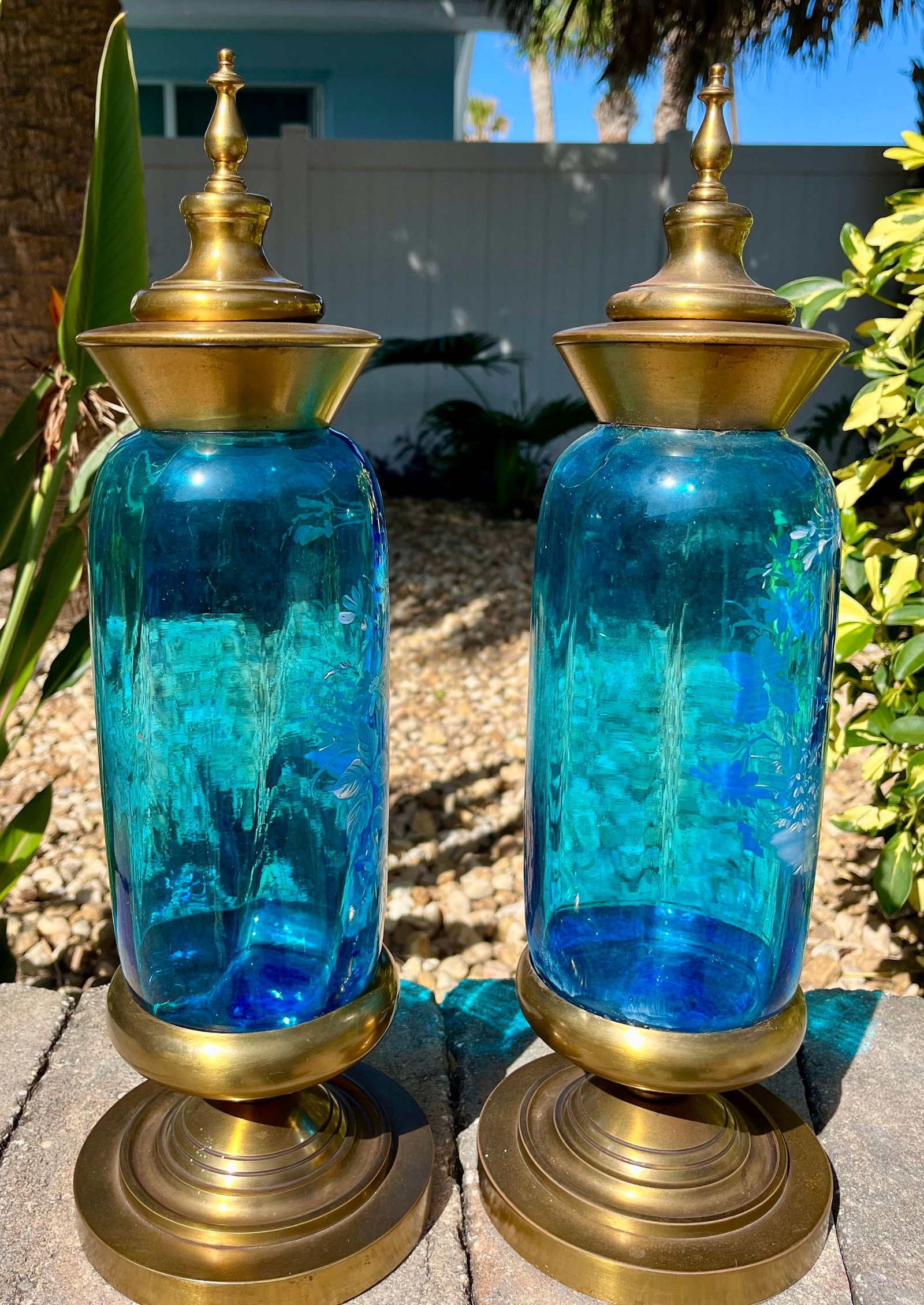 Pair of Covered Brass & Blue Art Glass Urns - 8