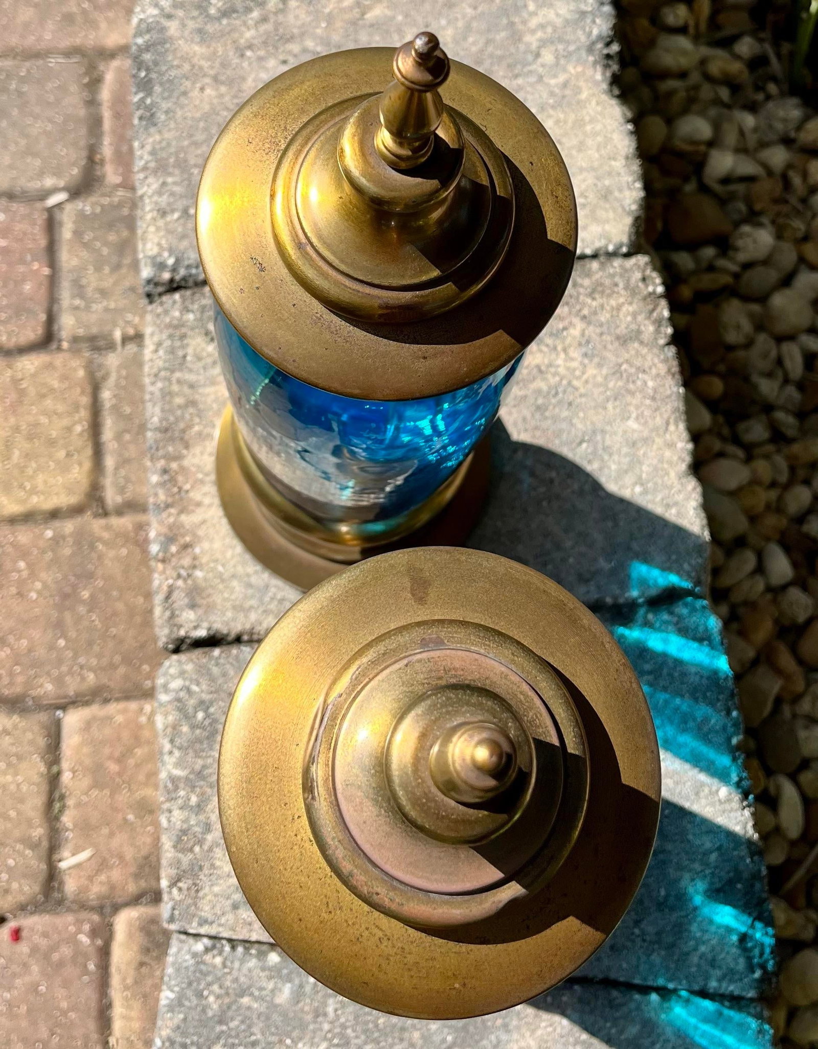 Pair of Covered Brass & Blue Art Glass Urns - 9