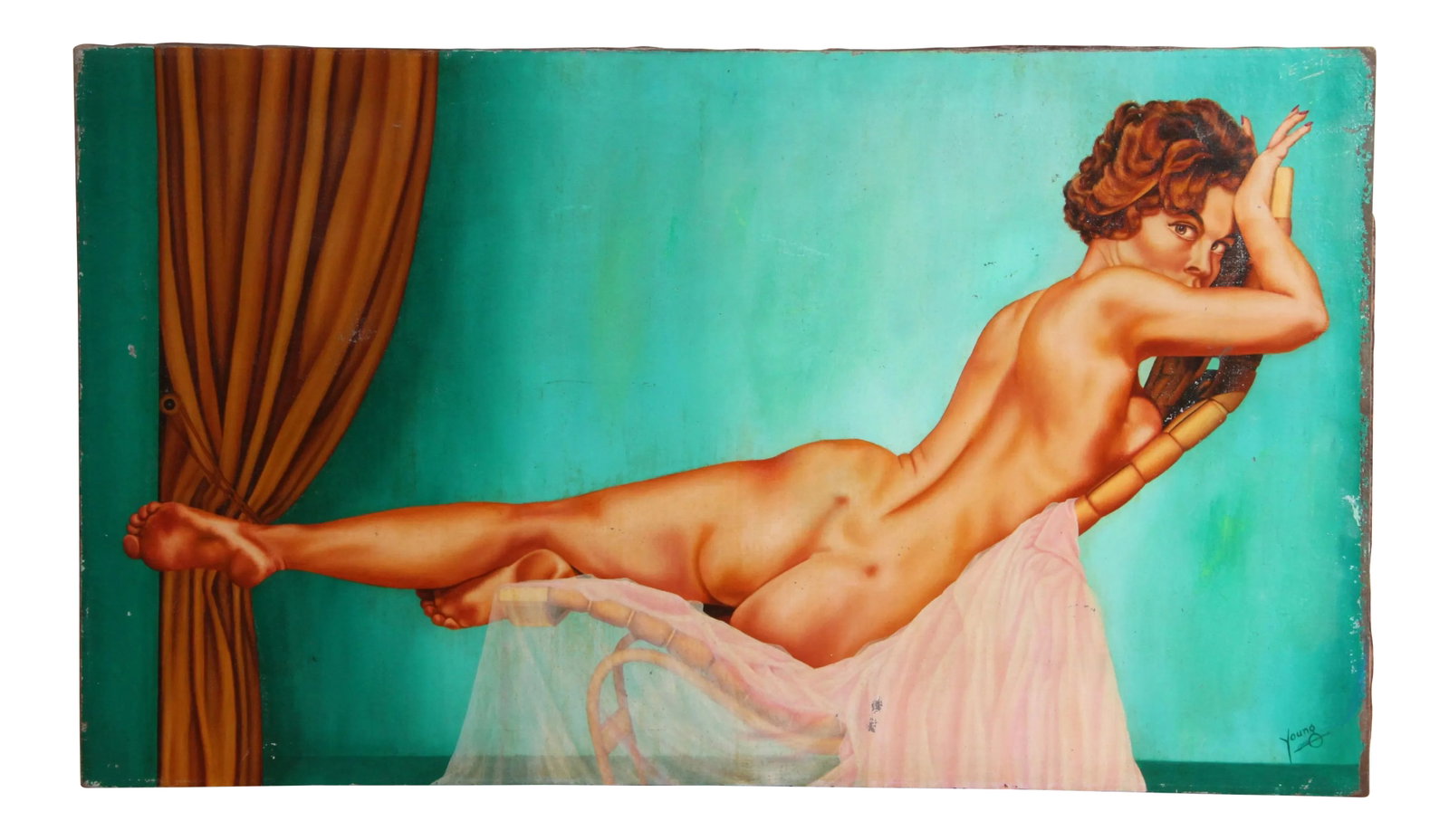 C.1960 Oil on Canvas Nude Painting of Actress Diane Webber: Absolutely fabulous vintage c.1960 oil on canvas painting, signed Young, portraying the stunning Diane Webber (b.1932-d.2008), famed American model, actress and Playboy Playmate! This painting is done