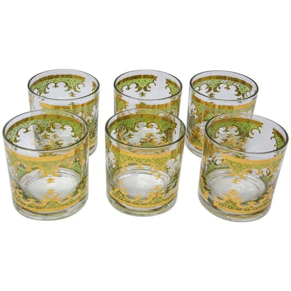 Vintage Georges Briard Set of Six Rock Glasses Green and Gold - 12