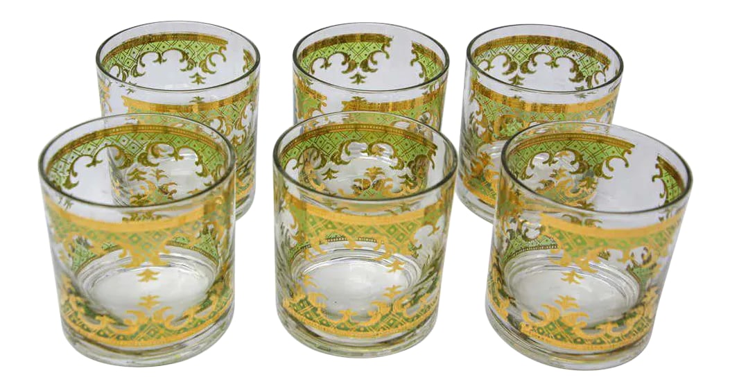 Vintage Georges Briard Set of Six Rock Glasses Green and Gold: Vintage Georges Briard Mid-Century Modern Glasses Barware - Set of 6 Elegant exquisite vintage set of six rock glasses designed by Georges Briard. They will create a dramatic display for a back bar