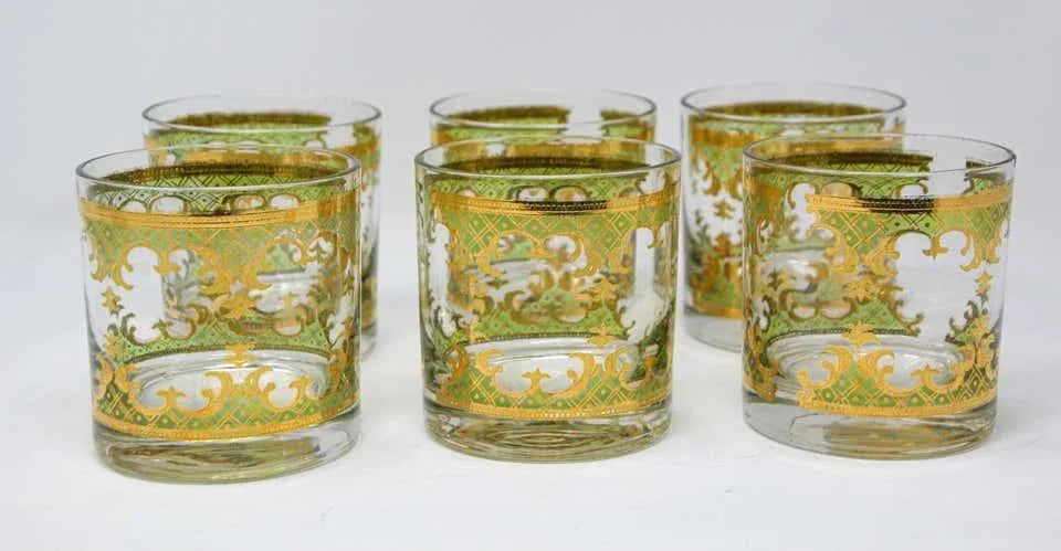 Vintage Georges Briard Set of Six Rock Glasses Green and Gold - 4