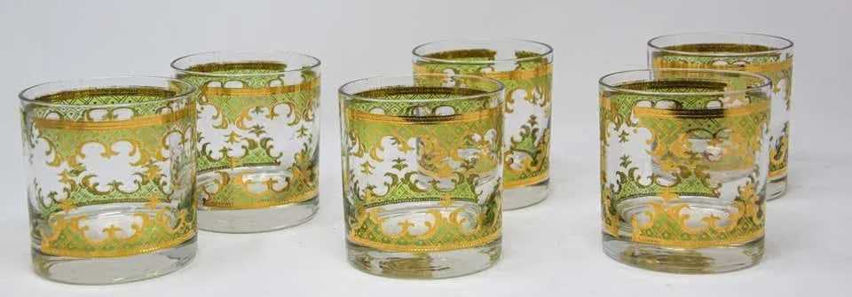 Vintage Georges Briard Set of Six Rock Glasses Green and Gold - 5