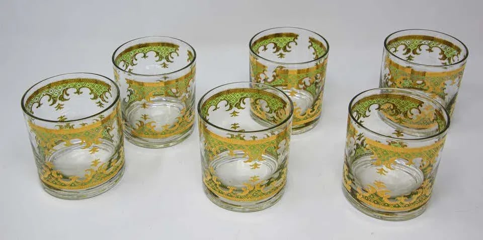Vintage Georges Briard Set of Six Rock Glasses Green and Gold - 6