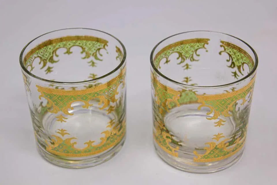 Vintage Georges Briard Set of Six Rock Glasses Green and Gold - 9