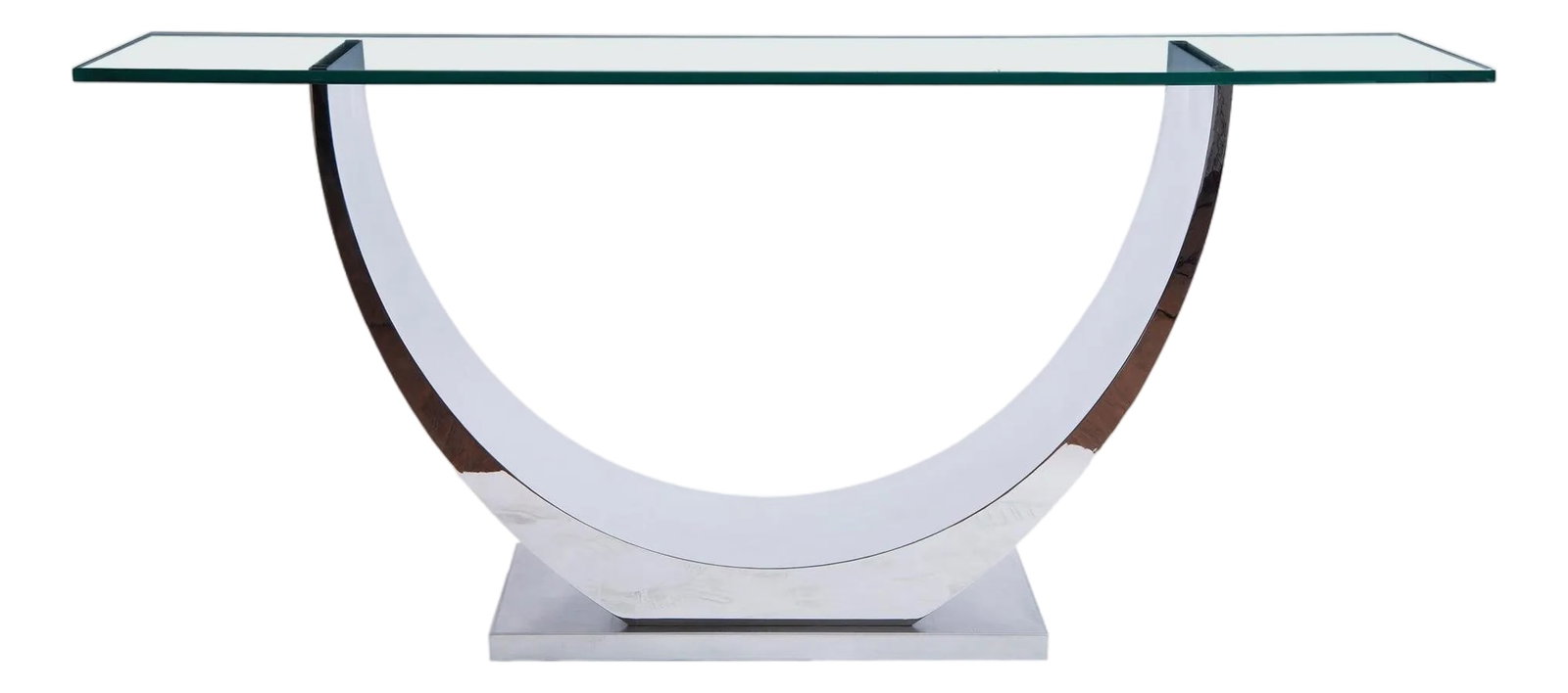 Modern Greg Sheres Style Polished Stainless Steel Console Table: Modern polished Stainless Steel Console Table Designed by Greg Sheres: "Marseilles". The "Marseilles" console table is a classic form with clean well proportioned lines. It is restrained and yet