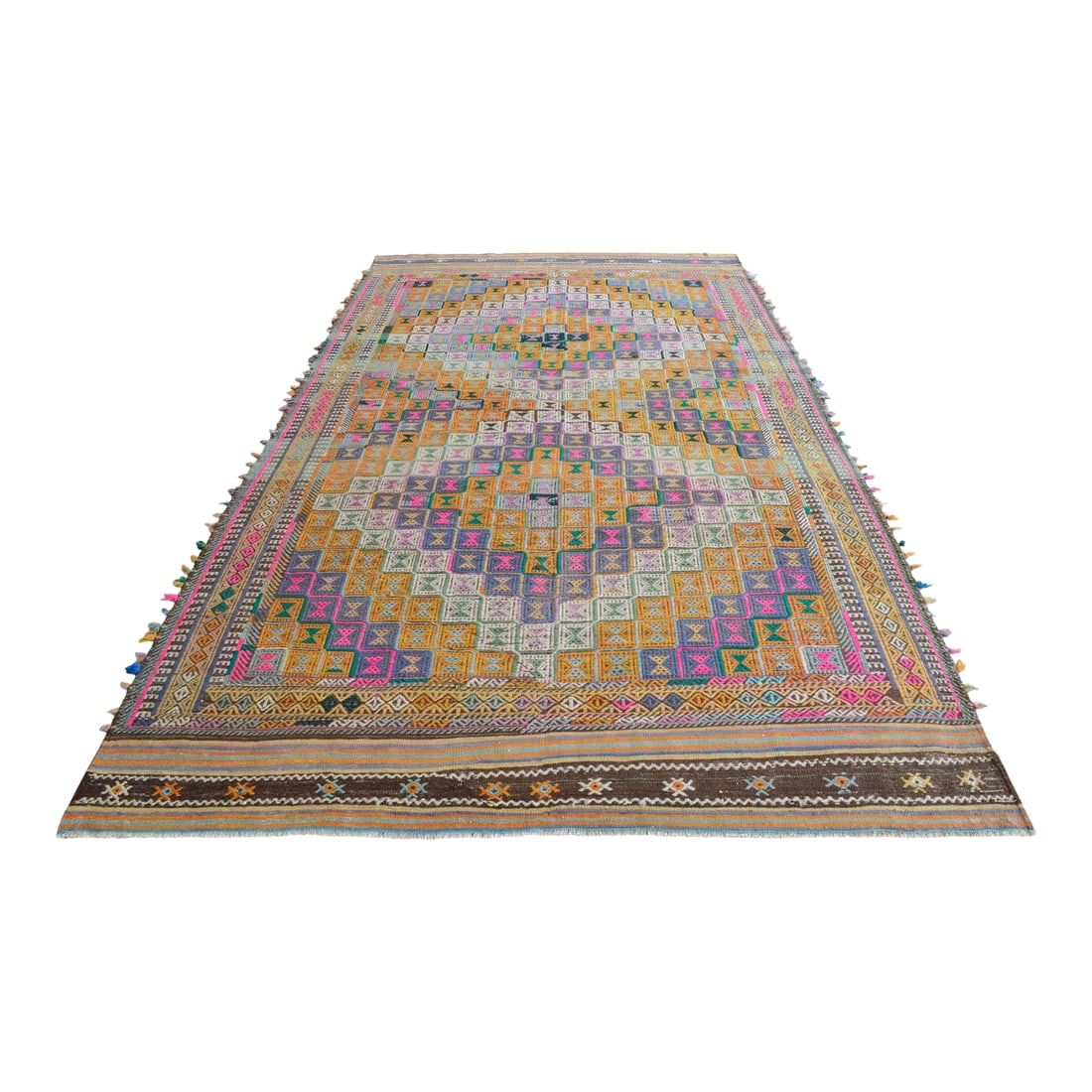 1960s Hand Woven Braided Jajim Kilim Area Rug - 5'7" X 9'8": Woven in the Aegean region of Anatolia during the 1960s, this flat weave Oushak kilim is an exceptional example of traditional Jajim embroidery. Originally crafted for personal use as a floor spread