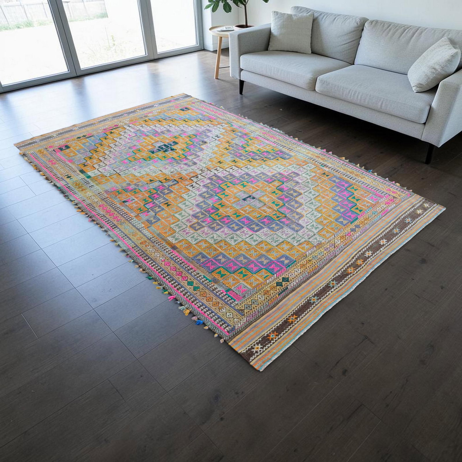 1960s Hand Woven Braided Jajim Kilim Area Rug - 5'7" X 9'8" - 2