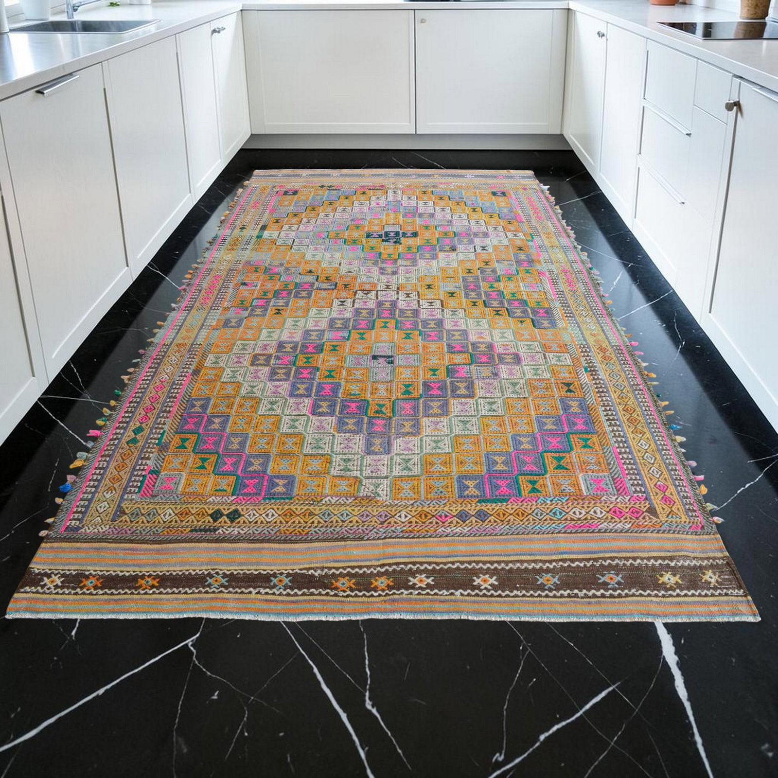 1960s Hand Woven Braided Jajim Kilim Area Rug - 5'7" X 9'8" - 3