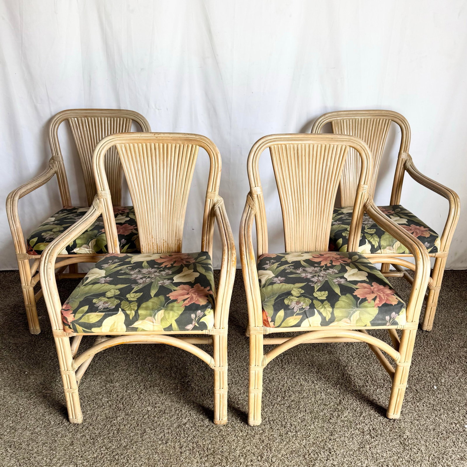Vintage Washed Rattan Floral Dining Arm Chairs - Set of 4 - 2