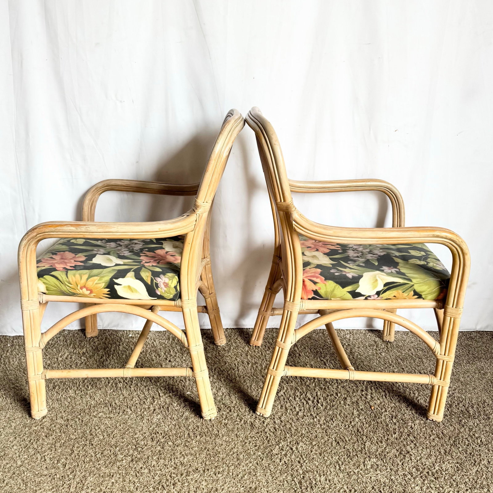 Vintage Washed Rattan Floral Dining Arm Chairs - Set of 4 - 3