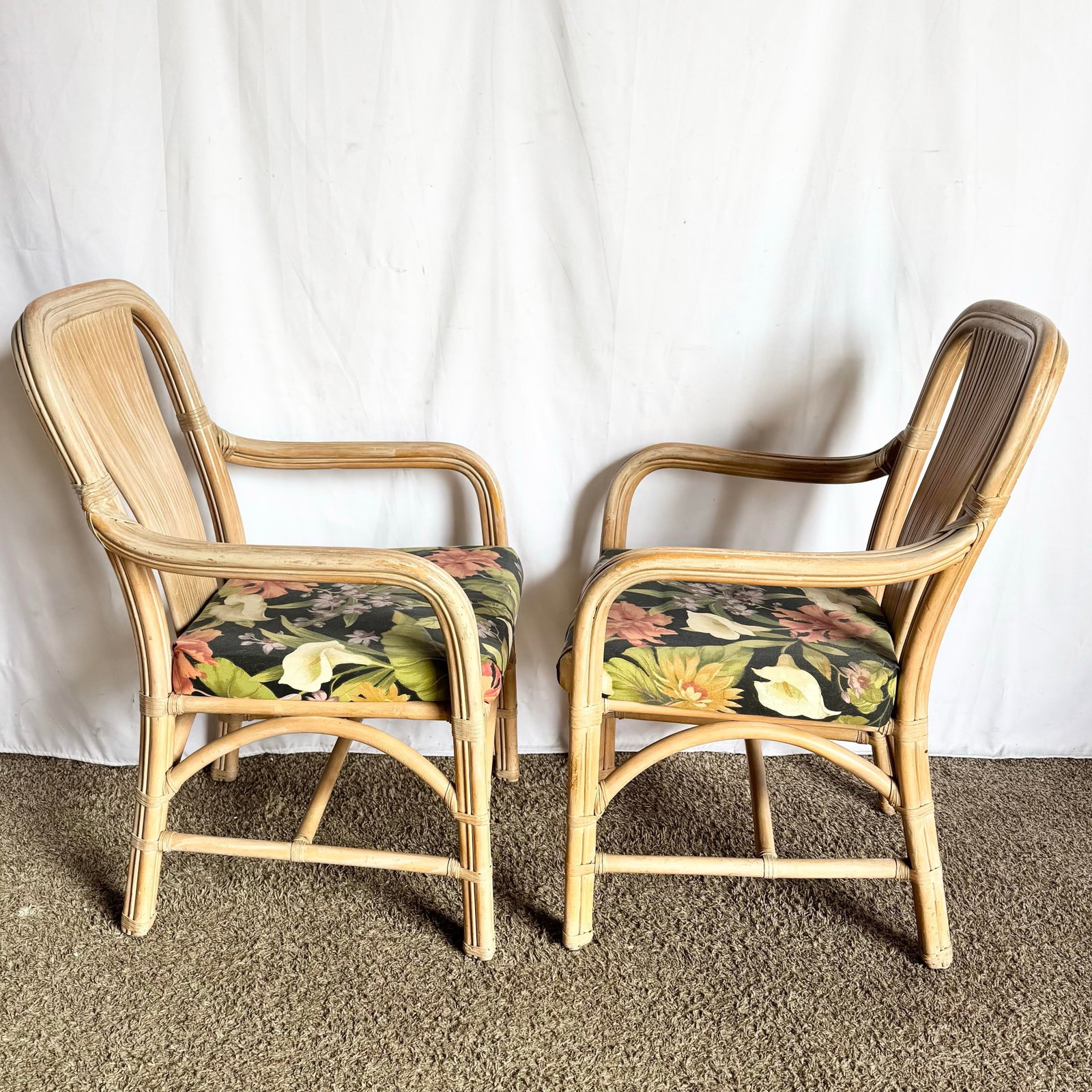 Vintage Washed Rattan Floral Dining Arm Chairs - Set of 4 - 4